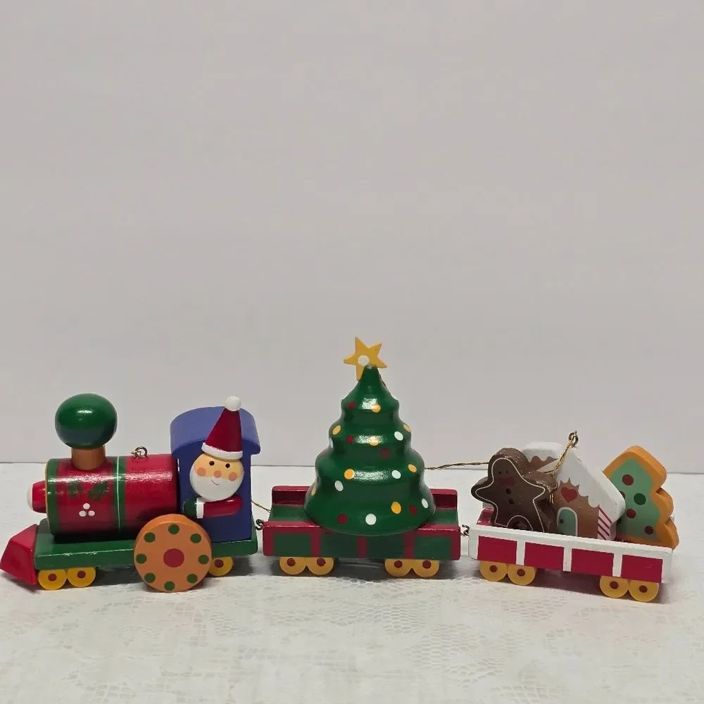 Vintage 80s Wooden Christmas Train Ornaments Set Of 3 Holiday Retro Santa